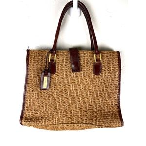 Vintage 80s Aigner Basket Wave Handbag Top Handle Purser Leather Trim.